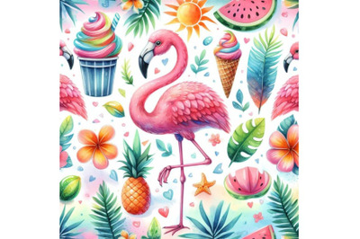 4 watercolor Cute flamingo with tropical summer Colorful background