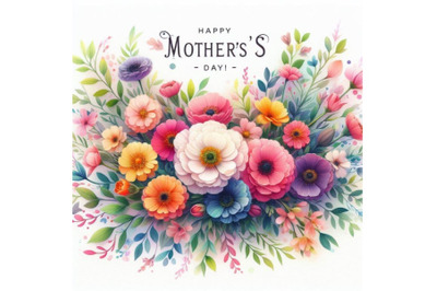 4 watercolor Happy Mother`s Day! Floral flat lay greeting card Colorfu