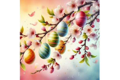 4 watercolor Easter eggs hanging on plum branch Colorful background