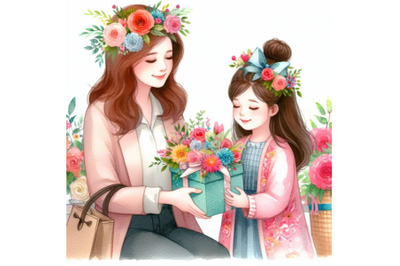 4 watercolor Little kid daughter giving mom receiving gift box and flo