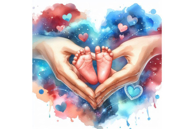 4 watercolor Baby feet in mother hands - hearth shape Colorful backgro