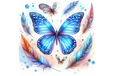 4 watercolor Blue butterfly on a white background Colorful background