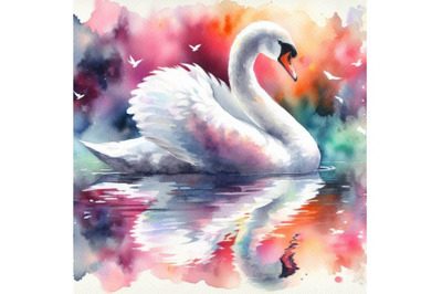 4 watercolor Swan Reflections. A swan Colorful background