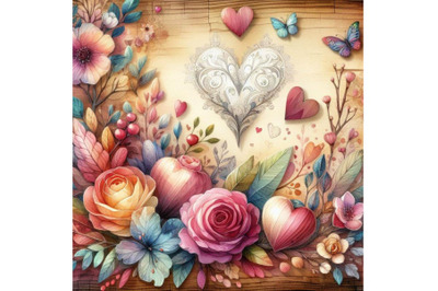 4 watercolor Valentines Background, Heart wood, Valentine day love Col