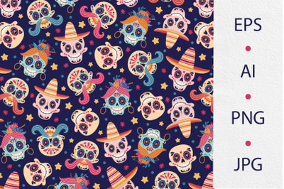 Mexican Day of the Dead seamless pattern with sugar skulls