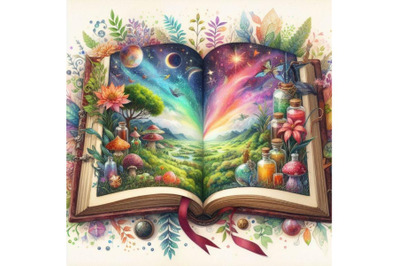 4 watercolor Open magic book of nature Colorful background