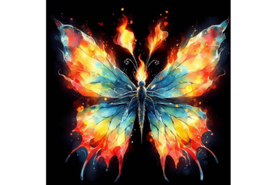 4 watercolor Fairy fire butterfly. Fairy fiery butterfly on a black ba