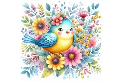 4 watercolor Illustration of cute bird decorated with flowers  Colorfu