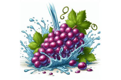 4 Illustration of  A bunch of grapes is being splashed with water on w