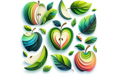 4 watercolor illustration of Vector paper cut green apple fruit&2C; cut s