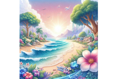 4 Illustration of  Beautiful Beach with Fantasy Flower on white backgr