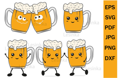 Funny Beer mugs, kawaii characters, clipart