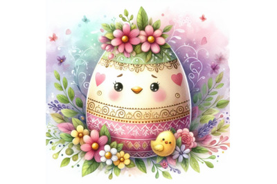 4 watercolor Illustration of cute Easter egg decorated with flowers  C