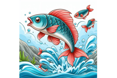 4 Illustration of  A fish jumping out of water on white background