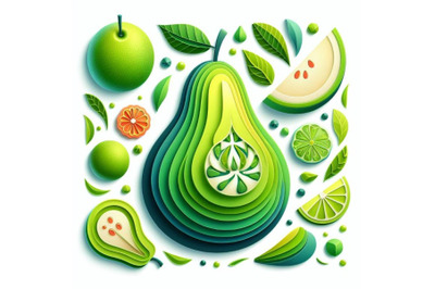 4 watercolor illustration of Vector paper cut green pear fruit, cut sh