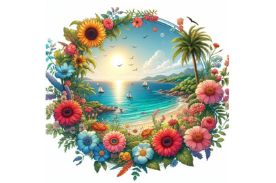 4 Summer sea view and beautiful flowers inside the circle