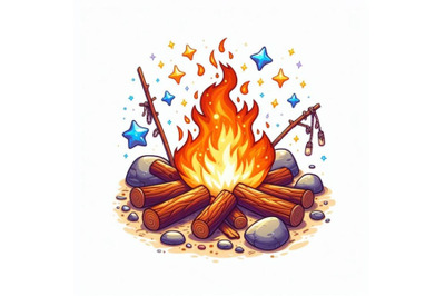 4 Burning bonfire with wood