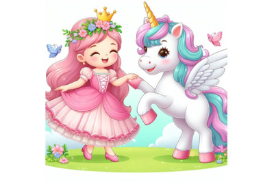 4 Cute Cartoon fairy tale Princess and Unicorn