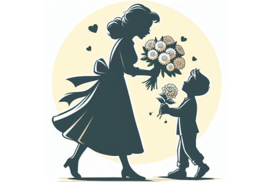 4 Mothers day. Child giving his mother some flowers as a gift