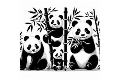 4 Pandas. Asia cute panda family and bamboo