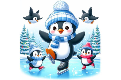 4 Penguins ice skating