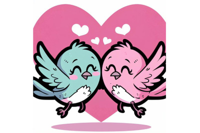 4 A 2D Two cute bird lovers on pink hearts shaped