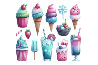 4 Watercolor Frozen Sweets Clipart