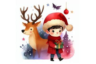 4 Boy with deer&2C; Christmas watercolor