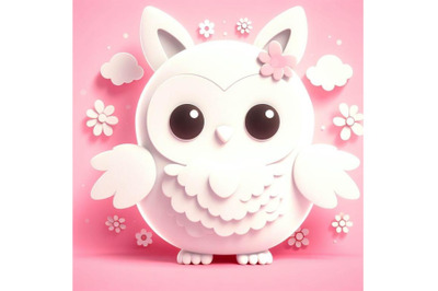 4 cute fluffy white owl&2C; pink background 3D