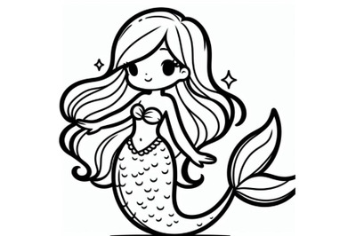 4 Line art&2C; beautiful mermaid girl with long hair