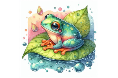 4 watercolor Illustration of cute frog setting on a water leaf  Colorf