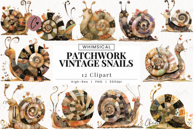 Patchwork Snails Clipart, Whimsical PNG
