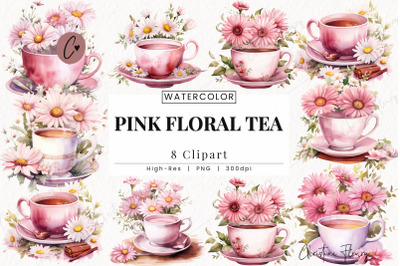 Watercolor Pink Flower Tea Clipart