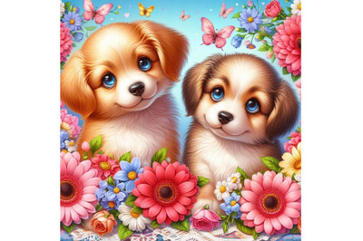 4 Two puppies and beautiful flowers