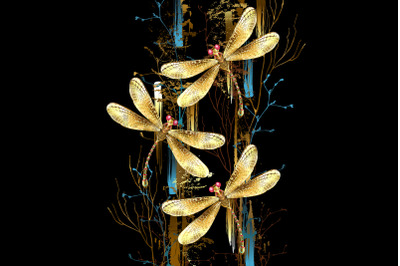 Three golden dragonflies