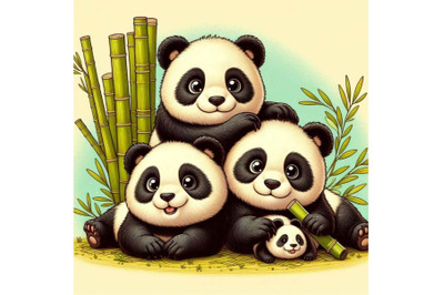 4 Pandas. Asia cute panda family and bamboo