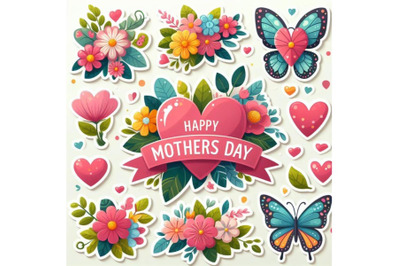 4 Stickers Mothers Day. Banner with hearts&2C; flowers and butterflies