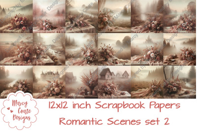 Set 2 Romantic Scenes 12x12 inch Digital Scrapbook Paper