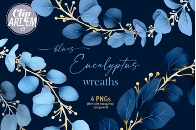 Blue Eucalyptus Greenery Gold  Wreaths  4 PNG Watercolor Clip Ar Set