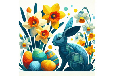 4 Abstract bunny, eggs, blooming narcissus flower