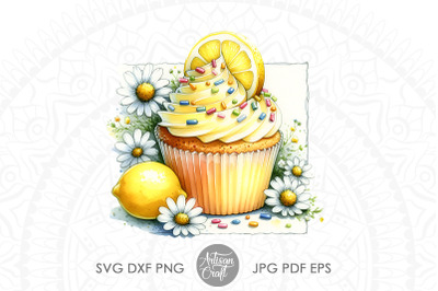 Watercolor cupcake clipart with lemons and daisies