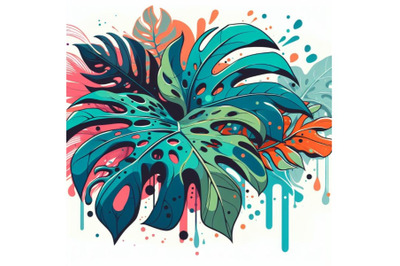 4 Abstract line art of tropical monstera with color splats