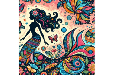 4 Colorful illustration with patterned rear mermaid and butterflies