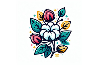 4 colorful line art decoration of cotton flower with leaves