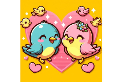 4 A 2D Two cute bird lovers on pink hearts shaped