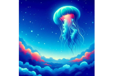 4 Fantasy jellyfish against blue sky - simple abstract neon