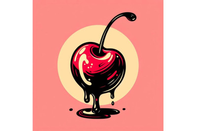 4 a close up of a cherry, a red syrup dripping, a plain pink backgroun