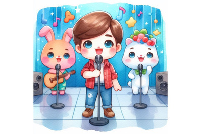 4 4 a colorful cute cartoon standing on stage