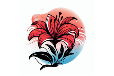 4 illustraition of a red lily Line Art and Pastel Abstract Background