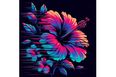 4 Illustration hibiscus in Glitch Art Style on Dark Background